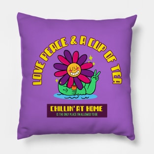 Love, Peace and a Cup of Tea 70s design Pillow