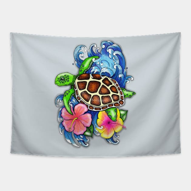 Tropical Sea Turtle and Hibiscus Tapestry by SandraGale Art