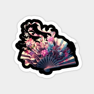 Colorful and Artistic Depiction of a Blooming Flower Arrangement Emerging from an Open Fan, Inspired by Traditional Japanese Art Magnet