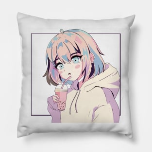 Cute anime style boba girl Pillow