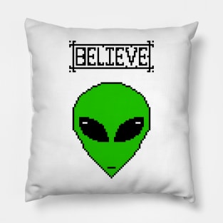 Pixel Little Green Men Believe Pillow