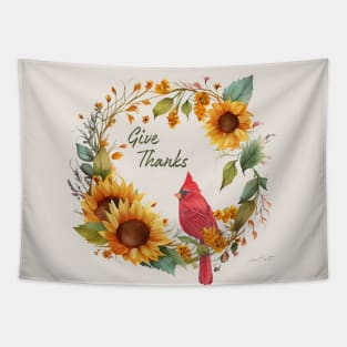 Cardinal on Sunflower Wreath Tapestry