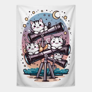 Cute cats with telescope seeing the cosmos Tapestry