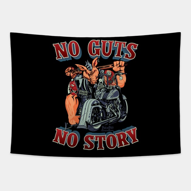 No guts No story,glory and story,navy blue and dark red biker pig llustration Tapestry by Lekrock Shop