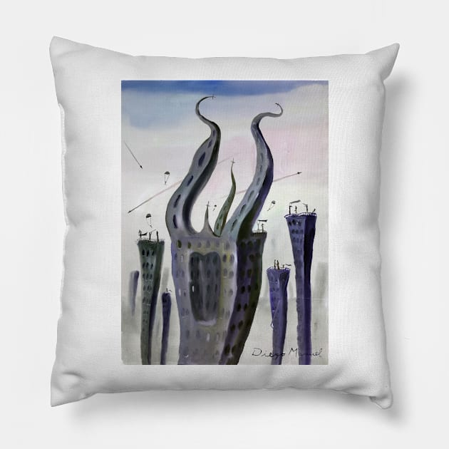 City shrouded in mist 3 Pillow by diegomanuel