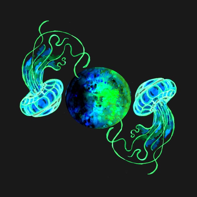 Turquoise Moon and Space Jellyfish by ZeichenbloQ