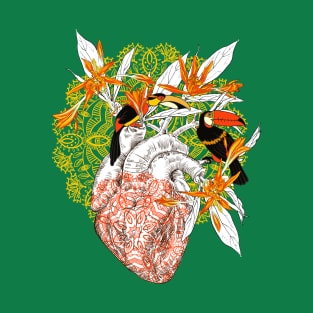 Human anatomical heart with flowers and two toucan birds T-Shirt