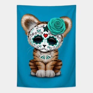 Blue Day of the Dead Sugar Skull Tiger Cub Tapestry