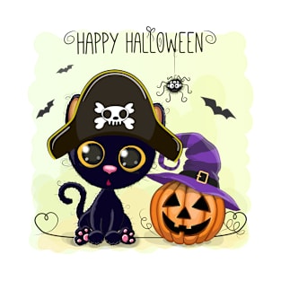 Happy Halloween Pirate Kitty and Pumpkin Witch T-Shirt