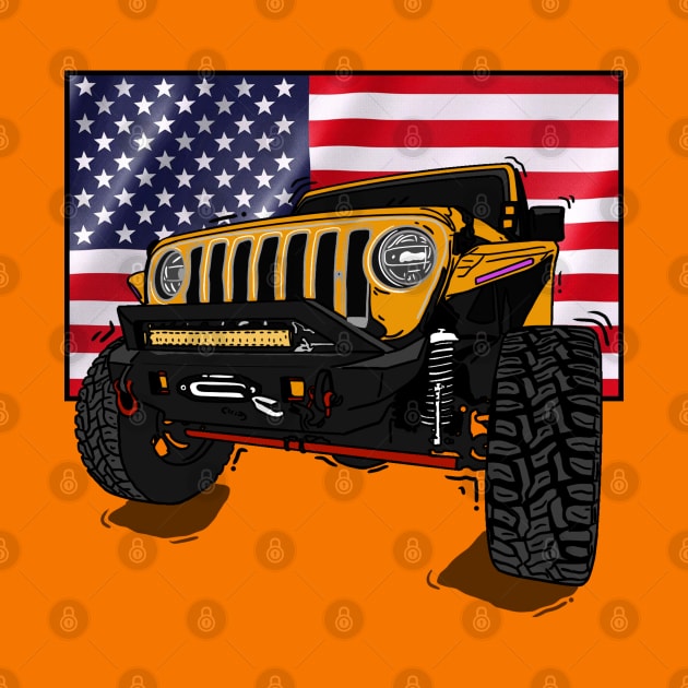 Jeep with American Flag - Orange Essential by 4x4 Sketch