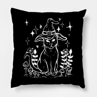 Black Cat, Mushrooms, Foliage, Witchy Gothic Punk Pillow