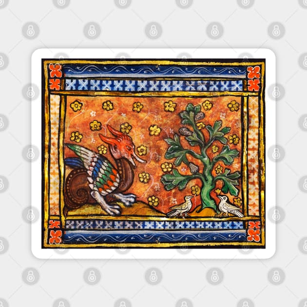 MEDIEVAL BESTIARY,DRAGON,TREE OF LIFE AND BIRDS ,Gold Blue Orange  Floral Magnet by BulganLumini