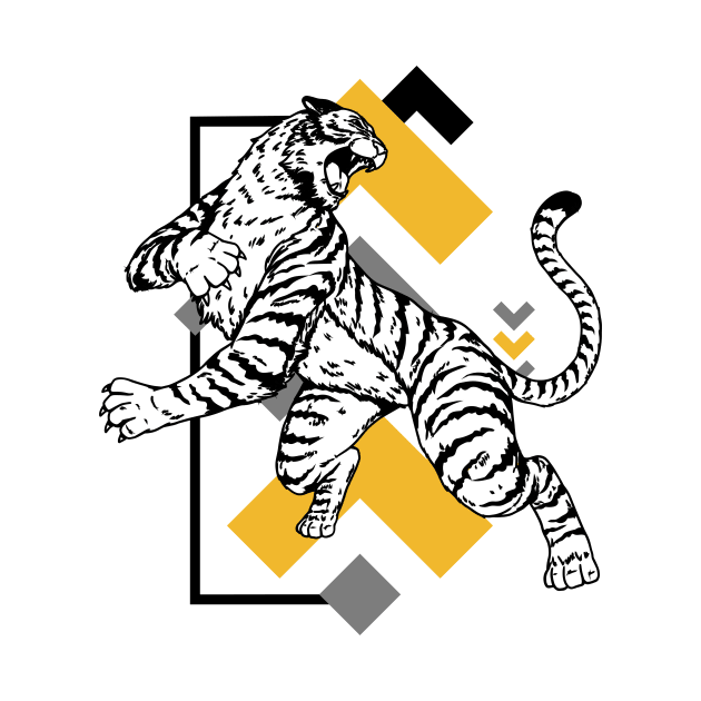 Retro 80s Black and Gold Tiger on the Attack // Vintage Geometric Shapes Background by SLAG_Creative