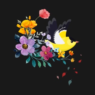 yellow bird and colorful flowers abstract art T-Shirt