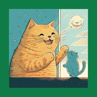 Lovely illustration of happy cat and kitty playing on the windowsill T-Shirt