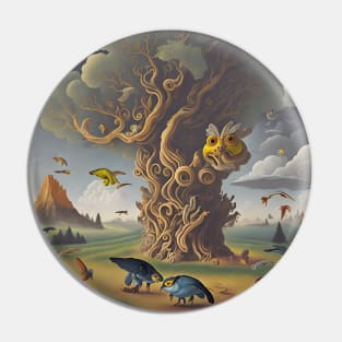 Metamorphosis Skies: A Surreal Landscape of Birds, Fish, and Reptiles in Transformation Pin