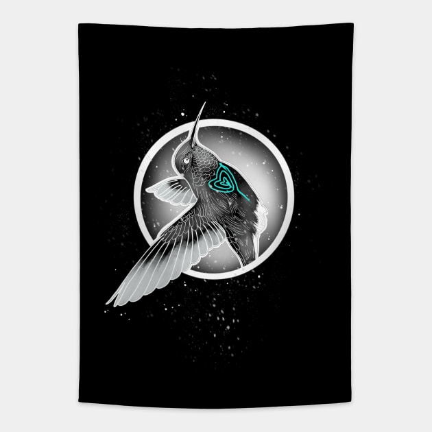 Flying humming bird with blue heart Tapestry by Blacklinesw9