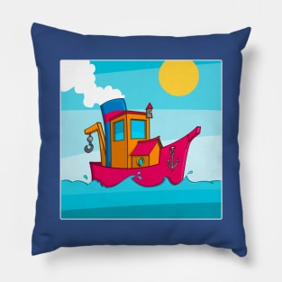 Drawing of a funny tugboat and in cartoon style Pillow