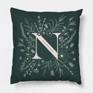 Botanical Letter N (Forest Green) Pillow