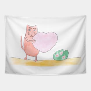 Cat holds the heart. Love, falling in love, friendship. Cute design, watercolor illustration. Pet, fun. Tapestry