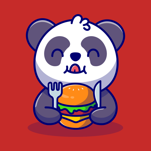 Cute Panda Eating Burger With Fork And Knife Cartoon by Catalyst Labs