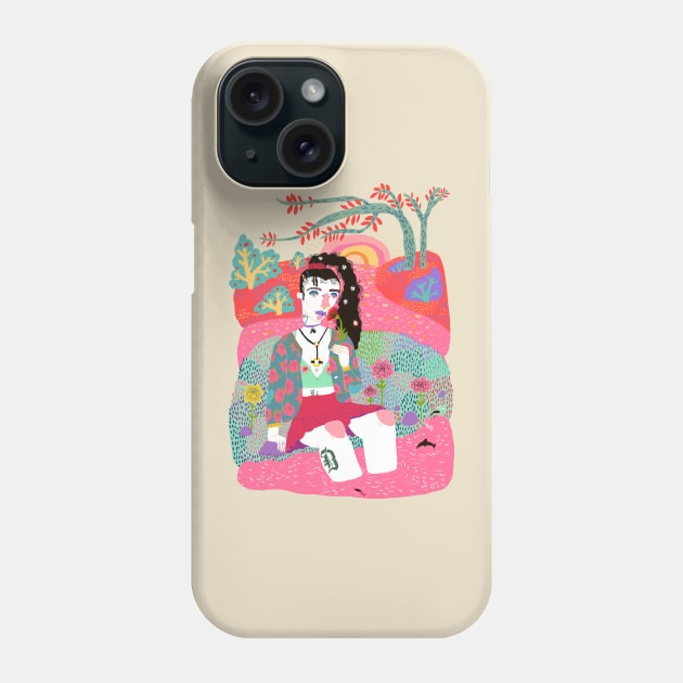 Girl sitting alone in the grass by the river Phone Case by ezrawsmith