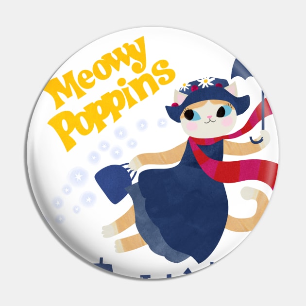 Meowy Poppins white Pin by Planet Cat Studio