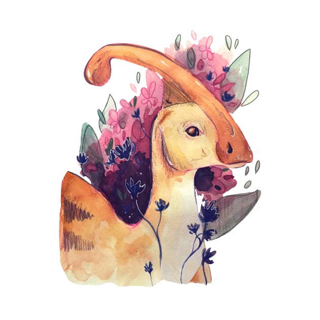 Cute Parasaurolophus Dinosaur Painting with Flowers and Leaves by livelonganddraw