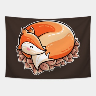 Kawaii Cute Fox Curled in Leaves Tapestry