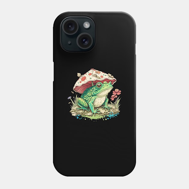 Cottagecore Aesthetic Frog under Mushroom Vintage Phone Case by Ai Wanderer