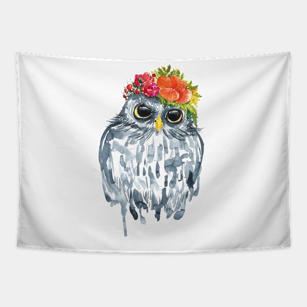 Watercolor Grey Floral Owl Tapestry by MagdalenaIllustration