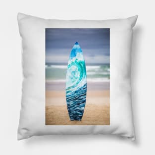 Light blue, turquoise wave painted on recycled surfboard on the beach Pillow