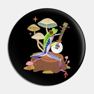 Red Eye Tree Frog Playing Banjo on Mushroom Pin