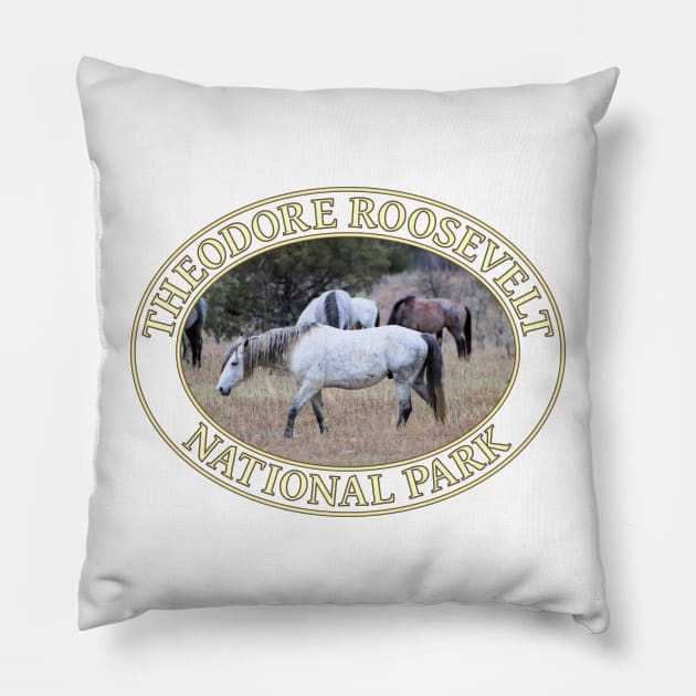 Wild Horses at Theodore Roosevelt National Park in Medora, North Dakota Pillow by GentleSeas