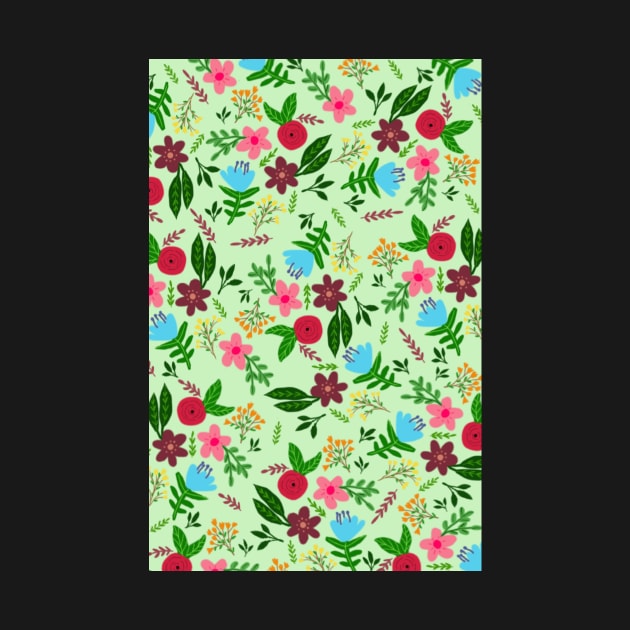 Red, pink, blue and maroon flower pattern with mint color background by SanMade