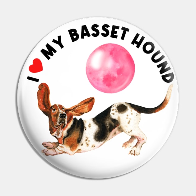 I Love My Basset Hound Cute Basset Hound Puppy Dog Pin by AdrianaHolmesArt