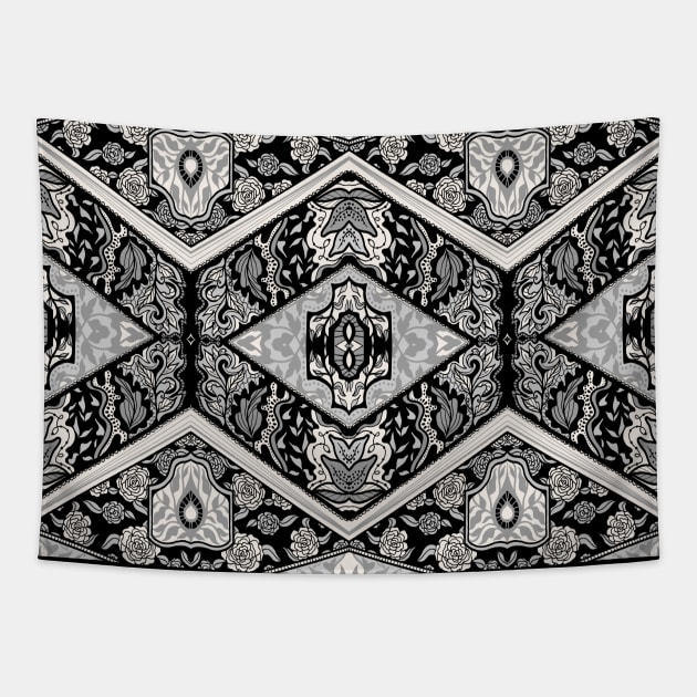 Black and White Botanical Mandala Tapestry by Carolina Díaz