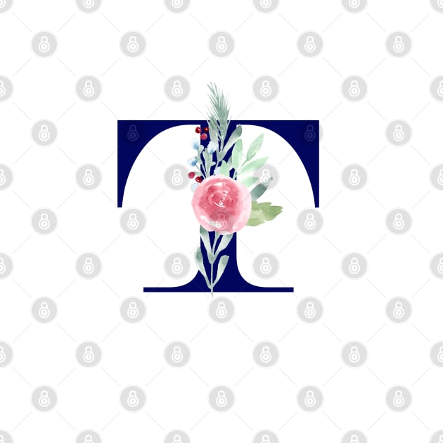 Watercolor Floral Letter T in Navy by Harpleydesign