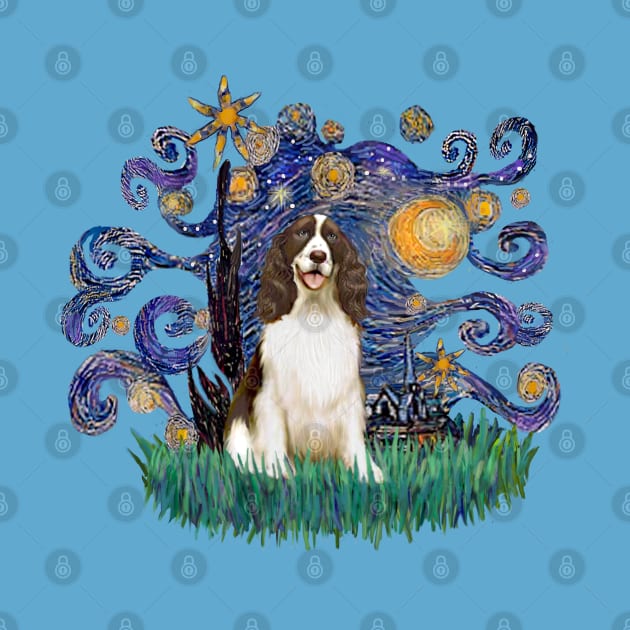 Starry Night Derivative Featuring a Brown and White English Springer Spaniel by Dogs Galore and More