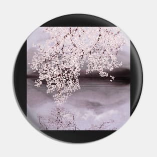 Cherry blossom branch on water. Spring Japanese scenery. Romantic Sakura flowers, watercolor illustration Pin