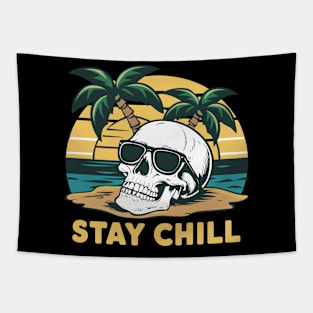 Stay Chill Retro Sunglasses Sunset Skull Design Tapestry