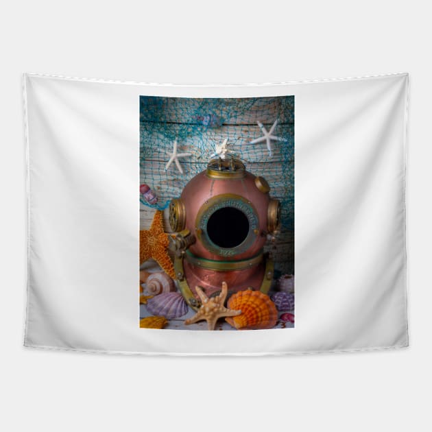 Divers Helmet With Net And Starfish Tapestry by photogarry