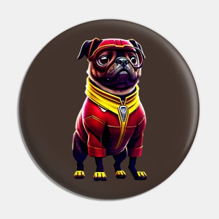 Cute Pug in Red Iron Suit - Adorable Dog in Custom Metal Costume Pin