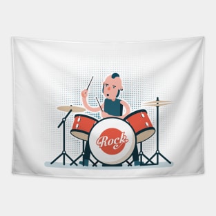 Cartoon rock drummer playing on drum set Tapestry