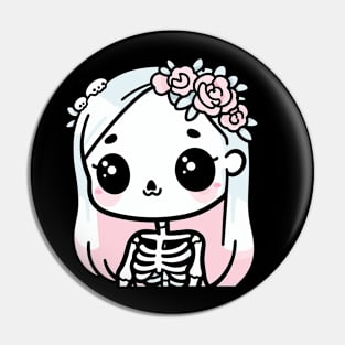 Cute Skeleton Girl with Flowers on Her Hair | Halloween Design in Kawaii Style Pin