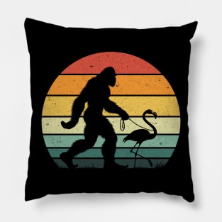 Bigfoot Sasquatch Walking Flamingo Vintage Sunset Bird Lover Pillow