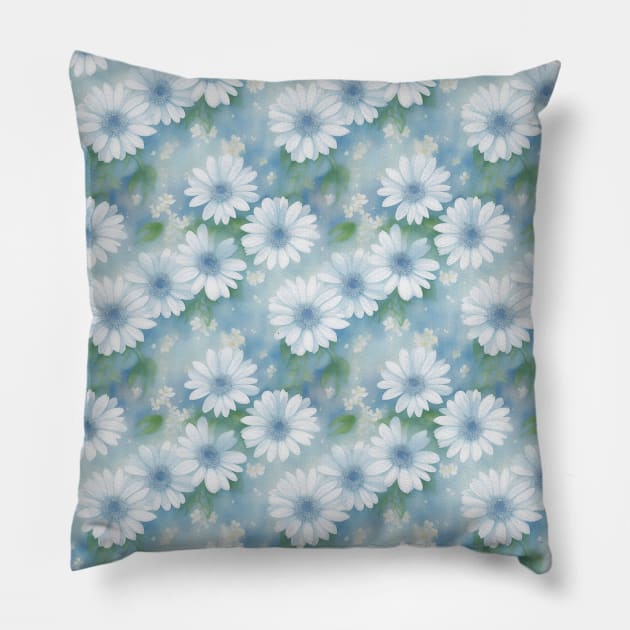 Watercolor Blue Green Pattern With Big White Daisy Pillow by Victoria's Store