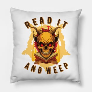 Horned skull sitting on flaming books. Pillow