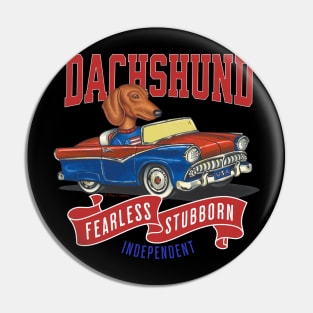 Funny Dachshund doxie  driving a retro vintage classic car  with red white and blue flags Pin