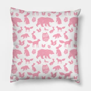 Pink Woodland Animals Owl Bear Fox Pattern Pillow